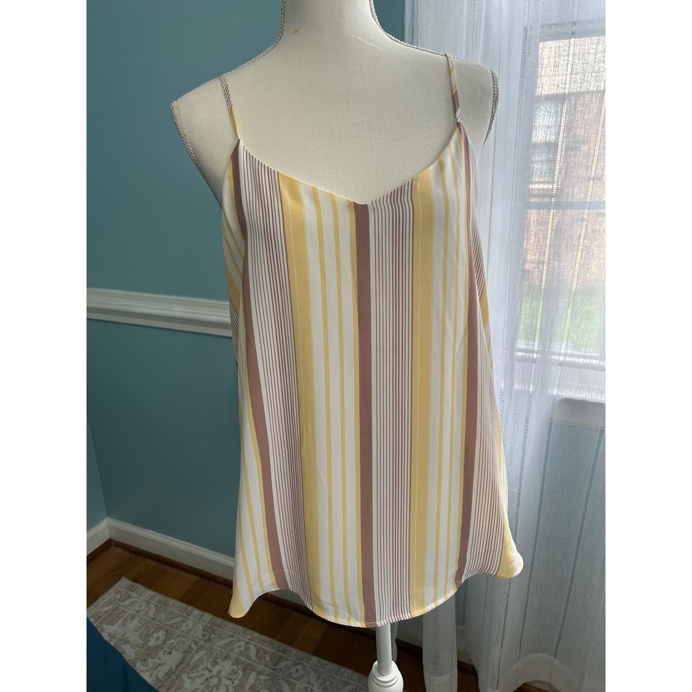 Pink Republic Womens Large Yellow Tan Striped V-Neck Camisole Tank Top Lined